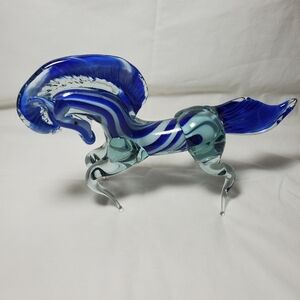 Blue, White and Clear Murano Style Art Glass Hand Blown Glass Horse Figurine